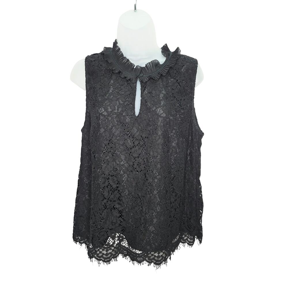 J.Crew Black Lace Overlay Sleeveless Blouse Womens L Ruffle Neck Top